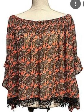 Off-Shoulder Floral Boho Top in Coral and Black